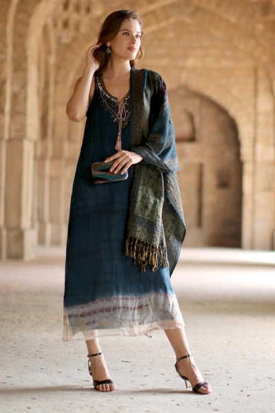 Jamawar wool shawl, 'Himalayan Heirloom in Teal' - Handwoven Jamawar Wool Shawl in Teal from India