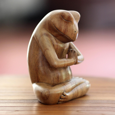 Wood sculpture, 'Asana Pose Yoga Frog' - Carved Wood Sculpture