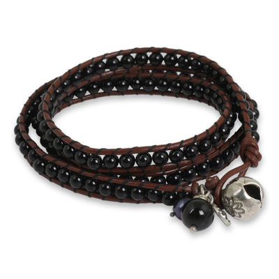 Leather and onyx wrap bracelet, 'New Tribal' - 20.5 inch - Onyx Beaded Wrap Bracelet