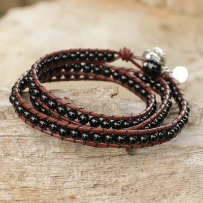 Leather and onyx wrap bracelet, 'New Tribal' - 20.5 inch - Onyx Beaded Wrap Bracelet