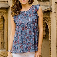 Blusa de algodón, 'Garden Bliss' - Blusa de algodón con estampado floral en Cerulean de la India