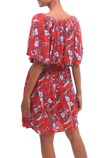 Rayon tunic-style dress, 'Strawberry Bouquet' - Floral Rayon Tunic-Style Dress in Strawberry from Bali