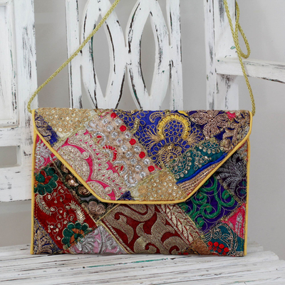 Upcycled beaded flap handbag, 'Vibrant Dream' - Beaded Patchwork Embroidered Purse of Recycled Fabric