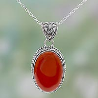 Carnelian pendant necklace, 'Fiery Glamour' - Hand Made Red Carnelian Pendant Necklace from India