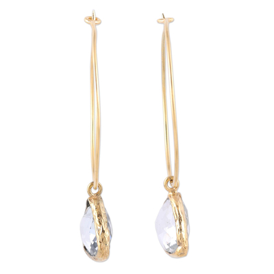 Gold plated white topaz dangle hoop earrings, 'Elegant Embrace' - 18k Gold Plated White Topaz Hoop Dangle Earrings from India