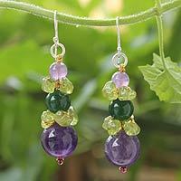 Amethyst and peridot beaded earrings, 'Thai Harmony' - Amethyst and Quartz Dangle Earrings