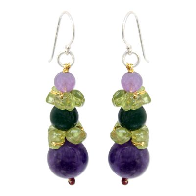 Amethyst and peridot beaded earrings, 'Thai Harmony' - Amethyst and Quartz Dangle Earrings