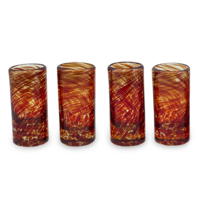 Blown glass shot glasses, 'Ripe Ruby' (set of 4) - Mexico Red Handblown Glass Recycled Shot Drinkware Set of 4