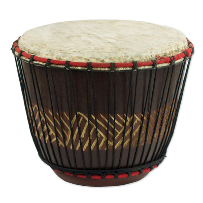 Wood bongo drum, 'Feel the Beat' - Hand Carved Tweneboa Wood Bongo Drum from Ghana