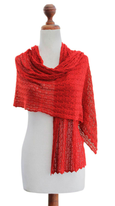 Alpaca blend shawl, 'Muse in Scarlet' - Alpaca Wool Solid Shawl