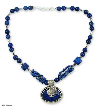 Lapis lazuli pendant necklace, 'Proud Peacock' - Lapis Lazuli Pendant Necklace