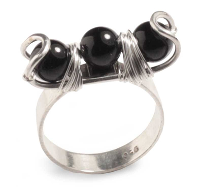 Onyx cocktail ring, 'Trio' - Onyx cocktail ring