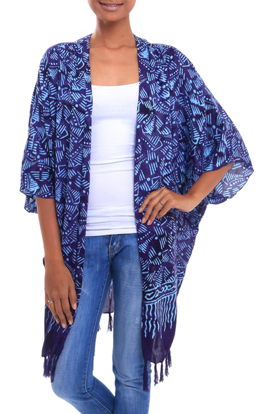 Batik rayon kimono jacket, 'Denpasar Royalty' - Batik Rayon Kimono Jacket in Imperial Purple from Bali