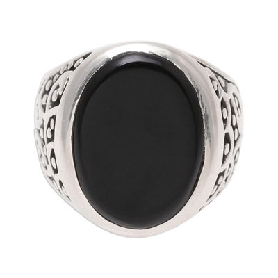 Men's onyx ring, 'Magical Vibes' - Handcrafted Sterling Silver and Onyx Men's Ring from India