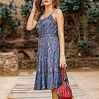 Vestido de verano de algodón, 'Garden Bliss' - Vestido de verano de algodón con estampado floral en cerúleo de la India