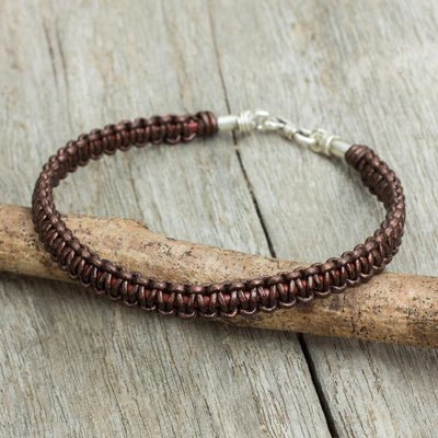 Men's leather macrame bracelet, 'Essence of Style in Brown' - Men's Bracelet Handmade in Brown Leather and Silver