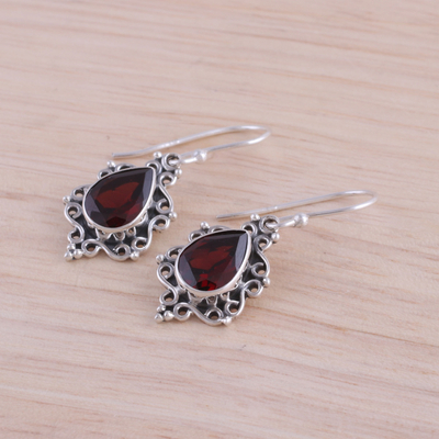 Garnet dangle earrings, 'Red Intricacy' - Sterling Silver and Garnet Dangle Earrings from India