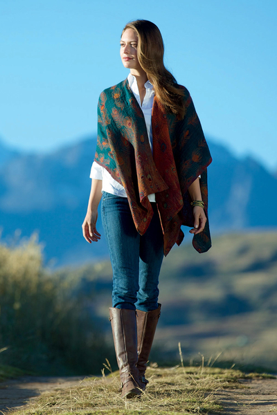 Wool shawl, 'Peacock Pride' - Reversible Indian Wool Peacock Wrap