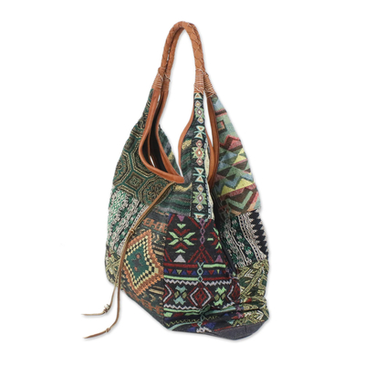Leather accent cotton blend hobo bag, 'Ocean Geometry' - Leather Accent Cotton Blend Hobo Handbag from Thailand