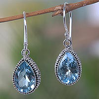 Blue topaz dangle earrings, 'Sparkling Dew' - Handcrafted Blue Topaz and Sterling Silver Earrings