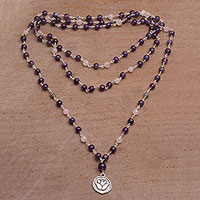 Amethyst and rose quartz long beaded pendant necklace, 'Lotus Power' - Amethyst and Rose Quartz Pendant Necklace from Bali