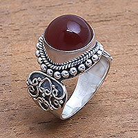 Carnelian cocktail ring, 'Incandescent Moon' - Artisan Crafted Carnelian and Sterling Silver Ring from Bali