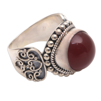 Carnelian cocktail ring, 'Incandescent Moon' - Artisan Crafted Carnelian and Sterling Silver Ring from Bali