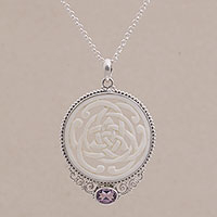 Amethyst pendant necklace, 'Circle of Power' - Amethyst Sterling Silver and Bone Pendant Necklace from Bali