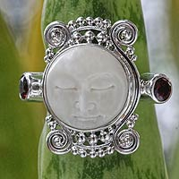 Garnet cocktail ring, 'Moon Dream' - Garnet and Carved Bone Silver Ring