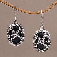 Onyx dangle earrings, 'Nature's Freedom' - Onyx and 925 Silver Bird-Themed Dangle Earrings from Bali