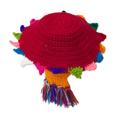 Alpaca blend chullo hat, 'Inca Festival in Crimson' - Crocheted Alpaca Blend Chullo Hat in Crimson from Peru