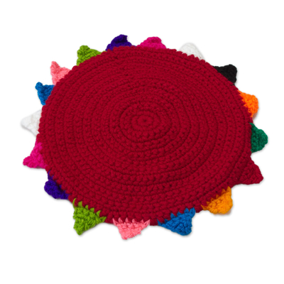 Alpaca blend chullo hat, 'Inca Festival in Crimson' - Crocheted Alpaca Blend Chullo Hat in Crimson from Peru