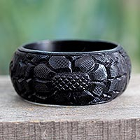 Wood bangle bracelet, 'Black Sunflower' - Handmade Wood Bangle Bracelet