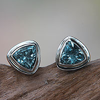 Blue topaz stud earrings, 'Sky Blue Trinity' - Classic Blue Topaz Stud Earrings Set in Sterling 925 Silver