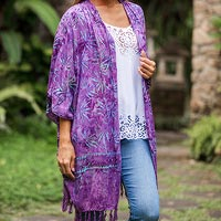 Batik rayon kimono jacket, 'Denpasar Lady in Wisteria' - Leaf Motif Batik Rayon Kimono Jacket in Wisteria from Bali