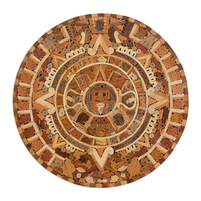 Wood inlay wall sculpture, 'Aztec Calendar' - Central American Archaeological Wood Calendar