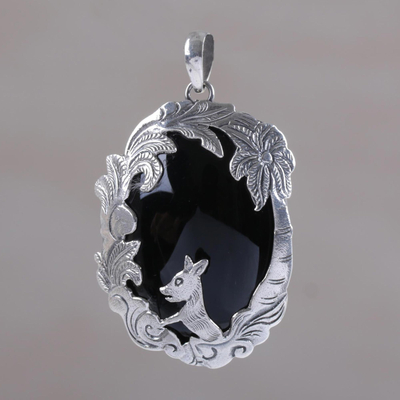 Onyx pendant, 'Wondrous Garden' - Animal-Themed Silver and Onyx Pendant from Bali