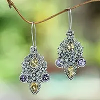 Citrine and amethyst dangle earrings, 'Secret Garden' - Balinese Citrine and Amethyst Silver Earrings