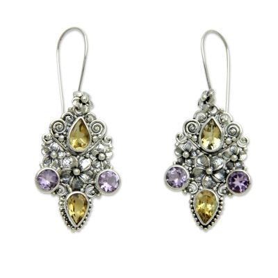 Citrine and amethyst dangle earrings, 'Secret Garden' - Balinese Citrine and Amethyst Silver Earrings