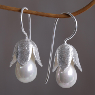 Cultured pearl dangle earrings, 'Floral Bud' - Floral Sterling Silver and Pearl Earrings