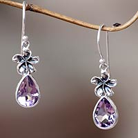 Amethyst dangle earrings, 'Plumeria Dew'