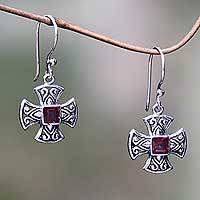 Garnet dangle earrings, 'Cross Pattee' - Handcrafted Balinese Silver Cross Earrings with Garnet