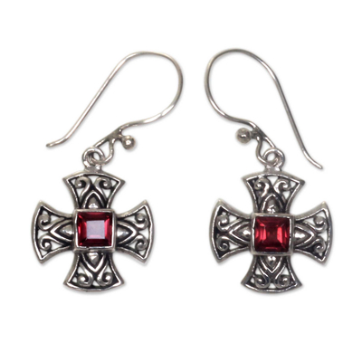 Garnet dangle earrings, 'Cross Pattee' - Handcrafted Balinese Silver Cross Earrings with Garnet
