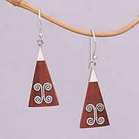 Wood and sterling silver dangle earrings, 'Reach' - Wood Triangle Sterling Silver Swirl Modern Dangle Earrings