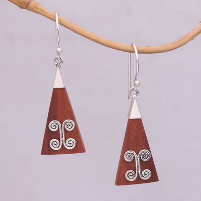 Wood and sterling silver dangle earrings, 'Reach' - Wood Triangle Sterling Silver Swirl Modern Dangle Earrings