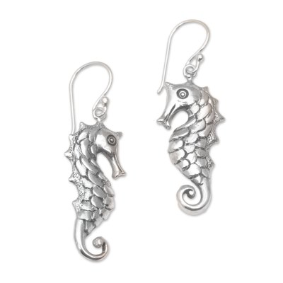 Sterling silver dangle earrings, 'Friendly Seahorse' - Seahorse Motif Dangle Earrings in Sterling Silver