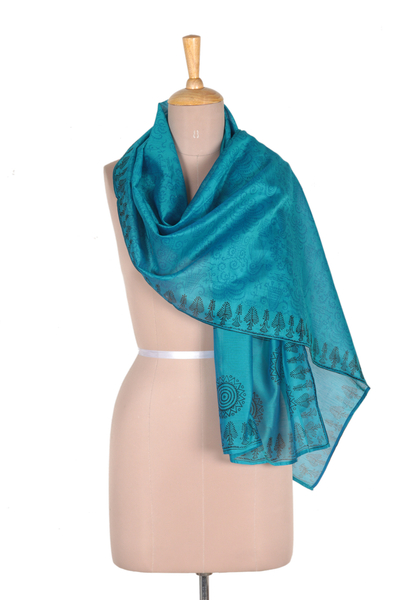 Cotton and silk shawl, 'Turquoise Bihar' - Cotton Silk Blend Wrap Patterned Shawl