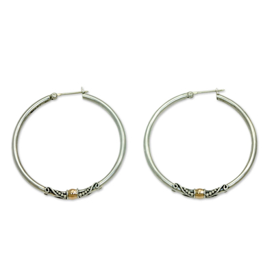 Gold accent hoop earrings, 'Celuk's Kencana' - Sterling Silver Hoop Earrings with Golden Accents