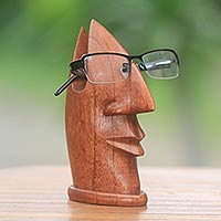 Wood eyeglasses stand, 'Friendly Face' - Natural Wood Glasses Holder with Facial Form from Bali