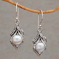 Cultured freshwater pearl dangle earrings, 'Moonlit Petals' - Cultured Freshwater Pearl Dangle Earrings from Bali